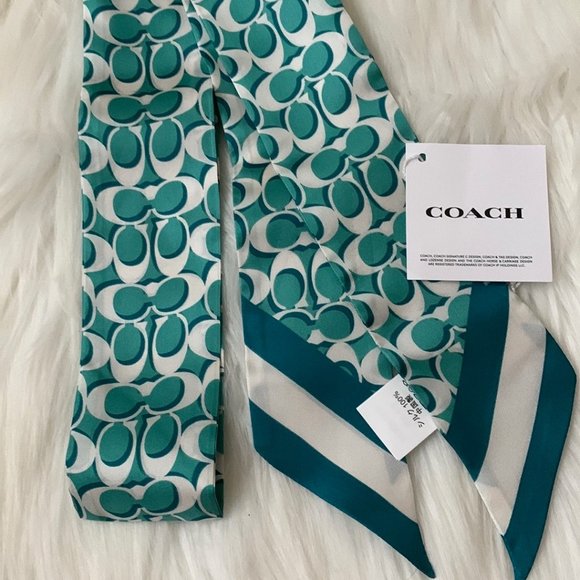 COACH Signature Print Silk Skinny Scarf Set in Electric Blue/Blue Green - Picture 5 of 5
